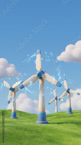 Wind turbine renewable energy wind farm clean energy green energy electricity power technology sustainable landscape, 3D illustration of wind turbine generating electricity green field blue sky