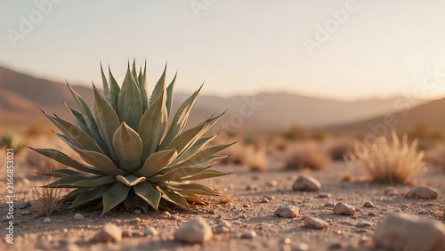 Single agave plant in a dry desert landscape with blurred mountains at sunset, golden hour light