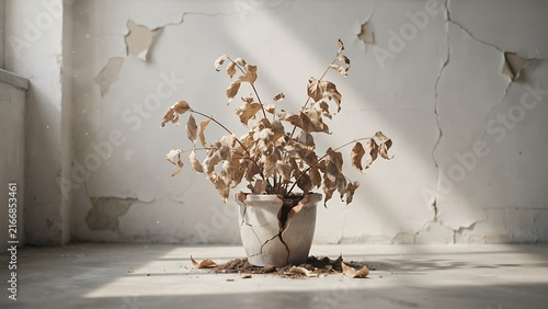 A withered potted plant with dried brown leaves in a cracked ceramic pot against a peeling wall