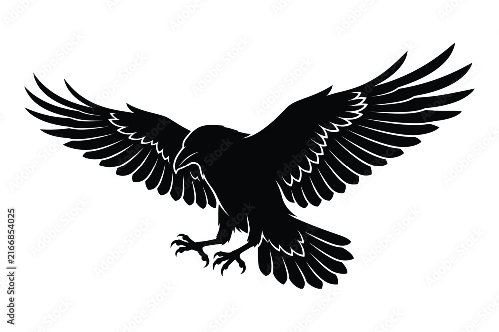 Naklejka premium Flying raven bird vector illustration with outstretched wings