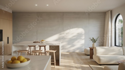 Minimalist kitchen and living room interior with concrete wall, wooden stools, and white sofa