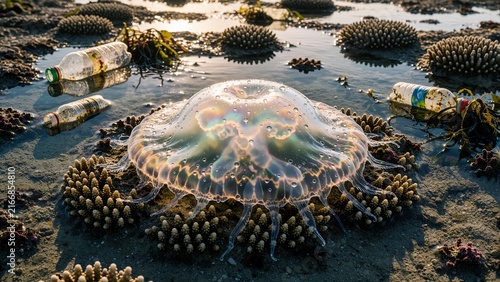 Stranded Jellyfish on Sandy Beach with Plastic Bottle Pollution and Marine Debris