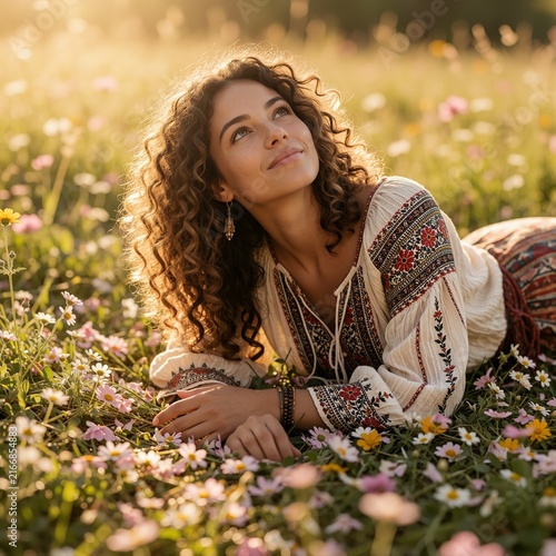 Beautiful Young Woman with Curly Hair Lying in a Sunny Flower Field at Sunset