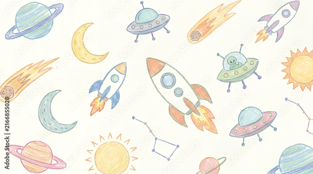 Fototapeta premium Playful Hand Drawn Space DoodlesFeaturing Stars Planets and Cosmic Elements in Colorful Pastel Crayon Style for Childrens Design space doodle crayon drawing hand drawn pastel chalk stars planet