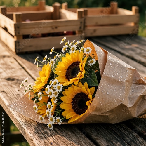 Beautiful Bouquet of Sunflowers and Daisies Wrapped in Brown Paper on Rustic Wooden Table