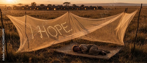 Sleeping Child Under Mosquito Net with Hope Message at Sunset in African Village