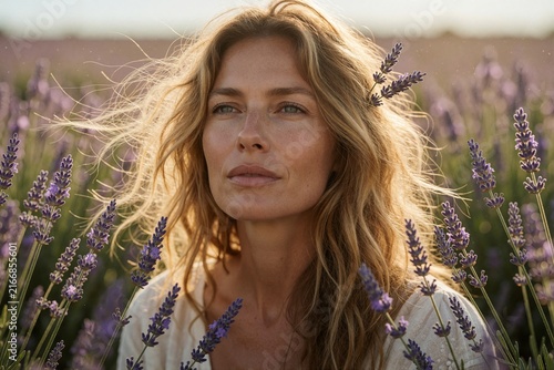 Beautiful Mature Woman with Natural Hair Posing in a Purple Lavender Field at Sunset