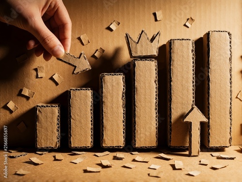 Hand Placing Downward Arrow on Cardboard Business Growth Chart with Crown Symbol
