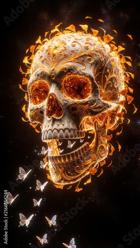 Ornate Golden Day of the Dead Skull with Glowing Butterflies in Dark Space