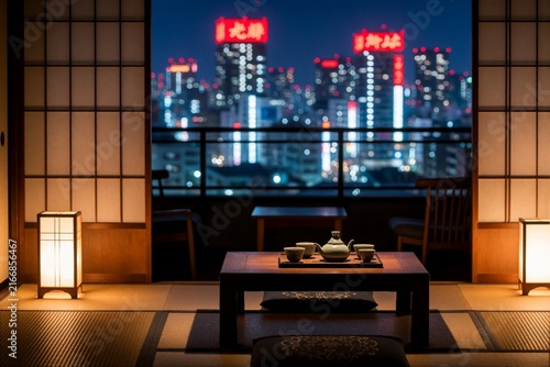 Traditional Japanese Washitsu Room with Tea Set and Blurred City Night Skyline View