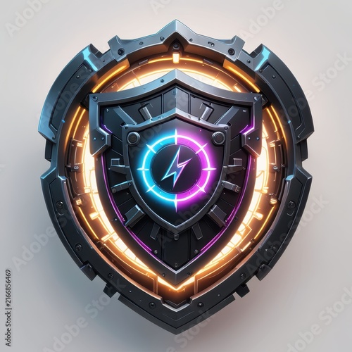 Futuristic Shield with NeonIlluminated Electric Symbol for Security or Technology Concept