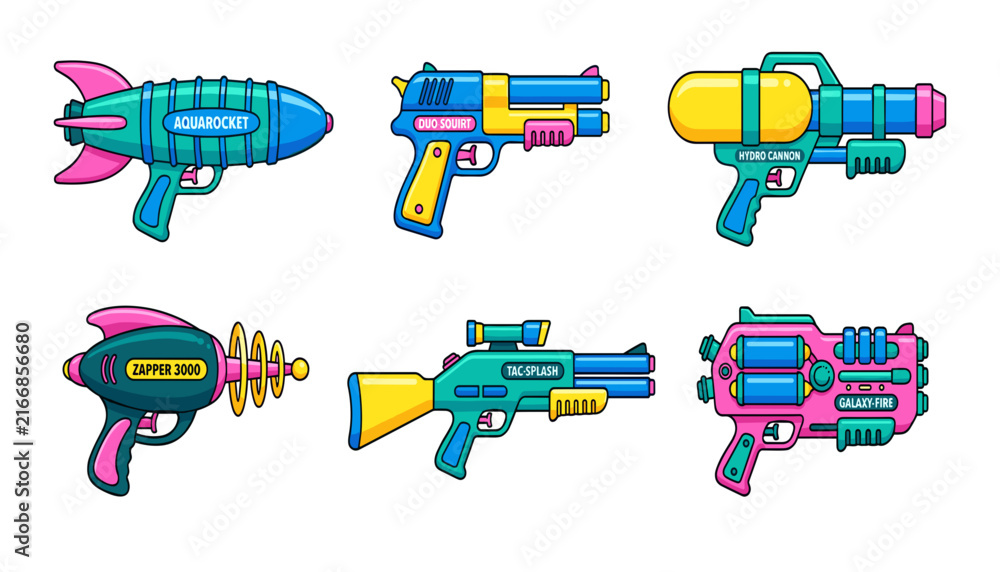 Naklejka premium Colorful water gun vector icons set with futuristic retro squirt guns and sci-fi blasters for summer fun designs