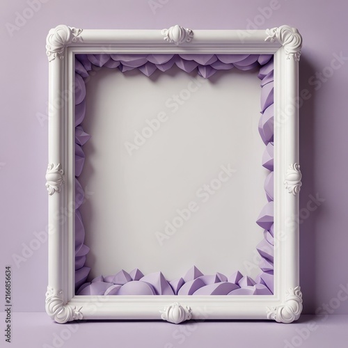 Elegant white ornate photo frame with purple paper decorations and blank space for artwork or photographs