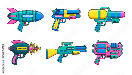 Fotografía Colorful water gun vector icons set with futuristic retro squirt guns and sci-fi