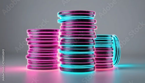 Neon Light Coin Stacks with Pink and Blue Glow on Gray Background