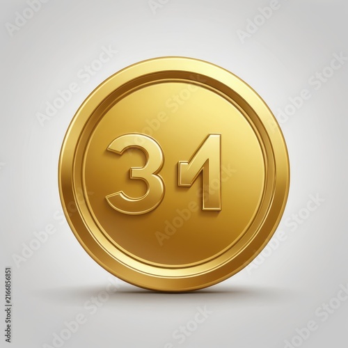 Close-up of a golden coin with the number 31 embossed on a plain background