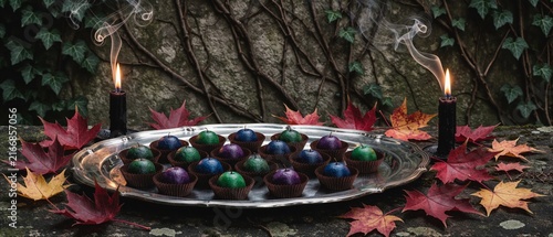 Mystical Arrangement of Colorful Glazed Desserts with Burning Black Candles and Autumn Leaves