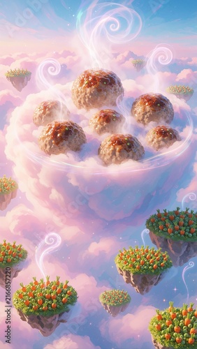 Surreal Digital Art of Floating Meatballs and Carrot Gardens in a Dreamy Pastel Sky