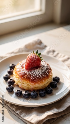 Delicious Freshly Baked Pastry with Glaze and Fresh Strawberry Topped with Powdered Sugar
