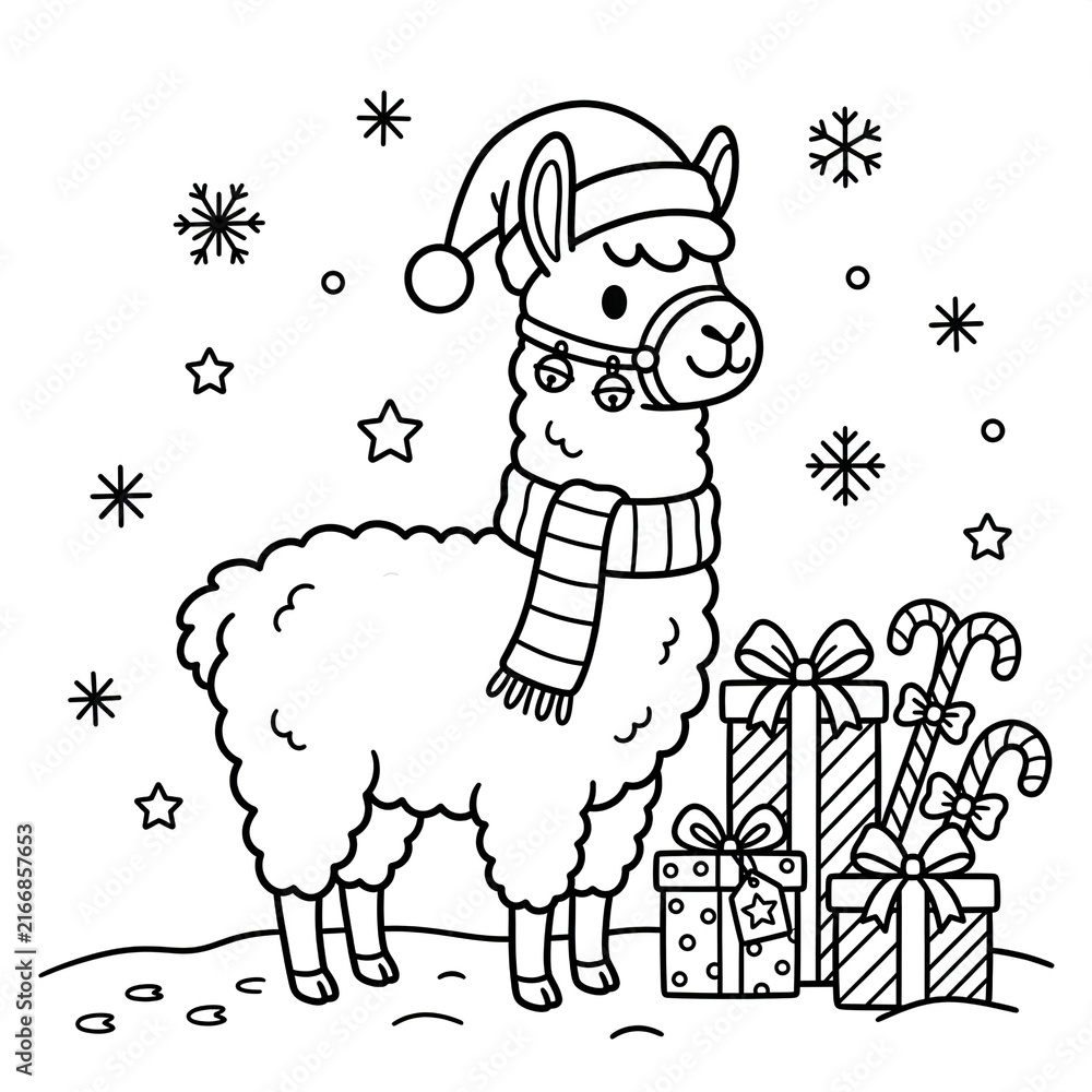 Fototapeta premium Christmas llama wearing winter scarf and Santa hat standing beside wrapped gift boxes and candy canes with snowflakes and stars