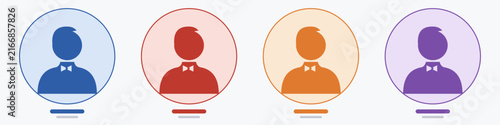 Business avatar set of man with side part hair and bow tie, professional male silhouette in blue red orange purple circles, corporate profile picture vector icons