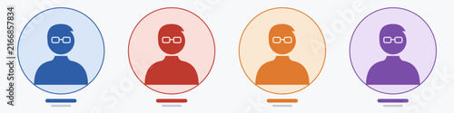 Business avatar set of woman with pixie cut and glasses, professional female silhouette in blue red orange purple circles, corporate profile picture vector icons