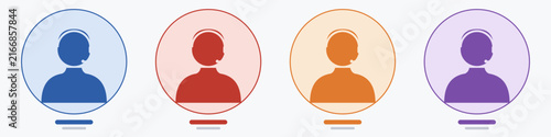 Business avatar set of man with headset microphone, customer support male silhouette in blue red orange purple circles, call center profile vector icons
