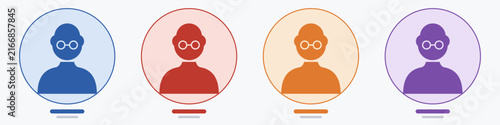 Business avatar set of woman with afro hair and glasses, professional female silhouette in blue red orange purple circles, corporate profile picture vector icons