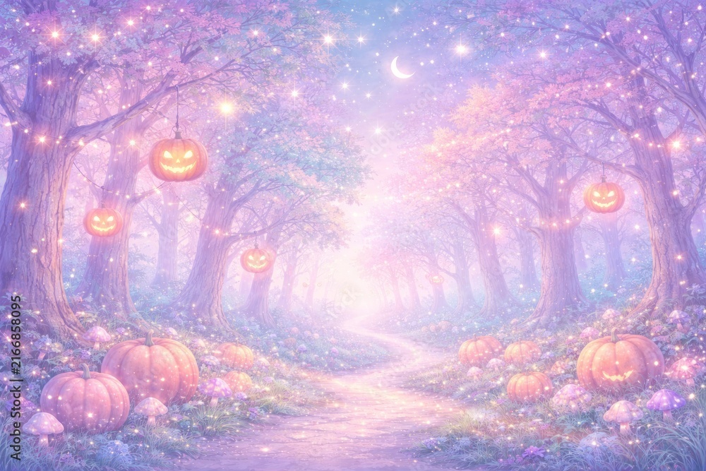 Fototapeta premium Enchanted forest with glowing pumpkins