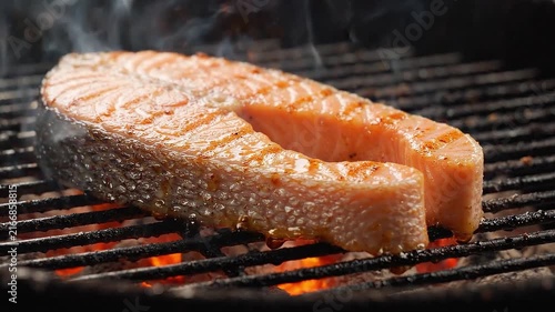 Delicious grilled salmon steak cooking on a hot charcoal barbecue grill with smoke rising. 4K Video