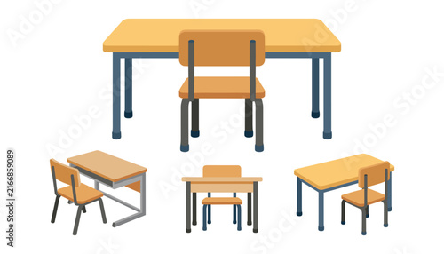Foto Vector illustration set of wooden school desks and chairs isolated on white back