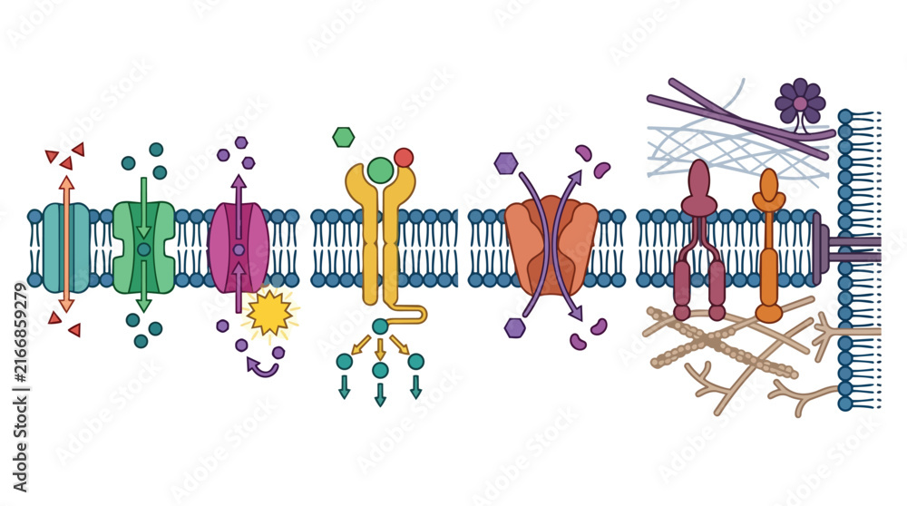 Fototapeta premium Cell membrane transport and lipid bilayer protein functions flat vector illustration for biology education and medical research