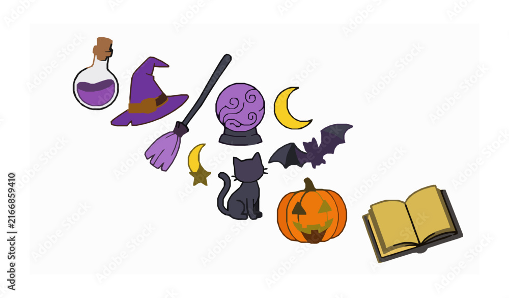 Fototapeta premium Magical Halloween Vector Illustration Set with Witch Hat Potion Broom Pumpkin and Cat