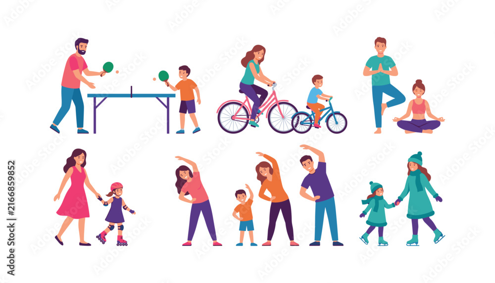 Fototapeta premium Active family cartoon characters practicing sports fitness yoga cycling ice skating and table tennis outdoor vector illustration set