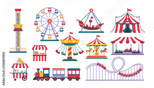 Foto Amusement park rides and circus carnival attractions vector illustration set wit