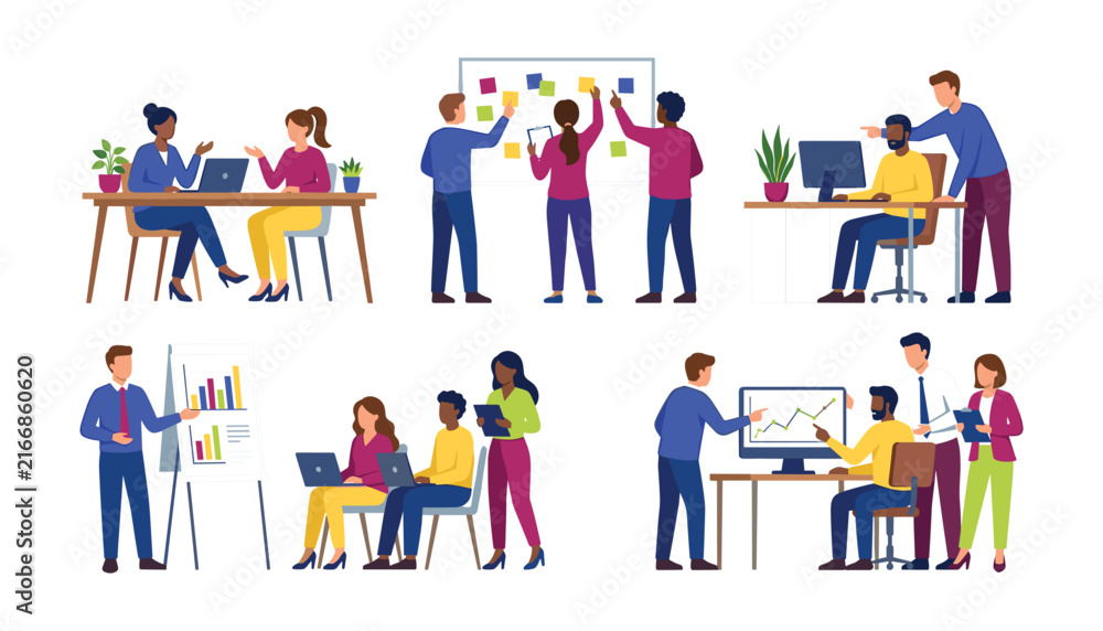 Fototapeta premium Corporate business people working together in office scenes vector illustration set team collaboration brainstorming and presentation concept