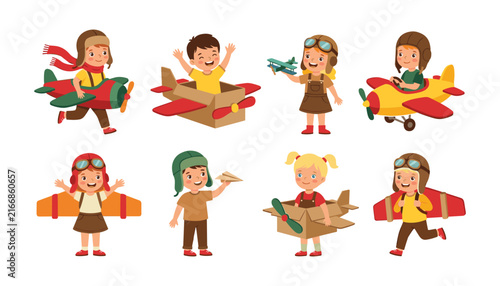 Принти на полотні Cute cartoon children pretending to be pilots playing with cardboard boxes and t