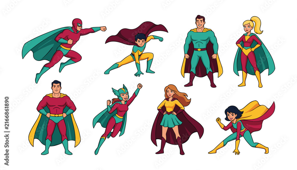 Fototapeta premium Superhero characters collection vector illustration set with brave men and women in capes flying and posing isolated on white background
