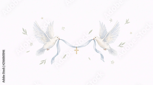 Two White Doves Holding Blue Ribbon with Golden Cross Watercolor Illustration