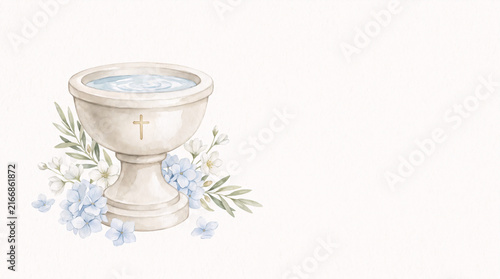 Baptismal Font with Blue Hydrangea and Eucalyptus Watercolor Christening Illustration