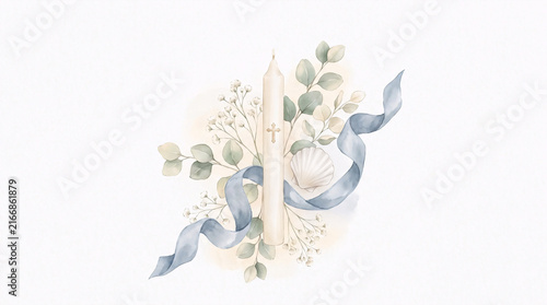 Baptism Candle with Blue Ribbon Eucalyptus and White Flowers Watercolor Illustration