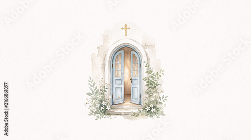 Open Church Doorway with Golden Cross and Greenery Watercolor Christian Illustration
