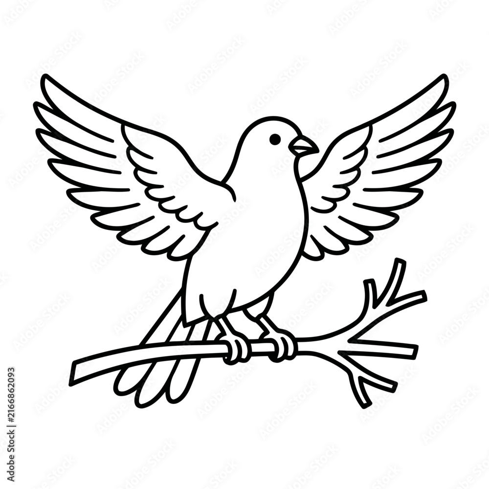 Fototapeta premium Dove perched on a branch, line art