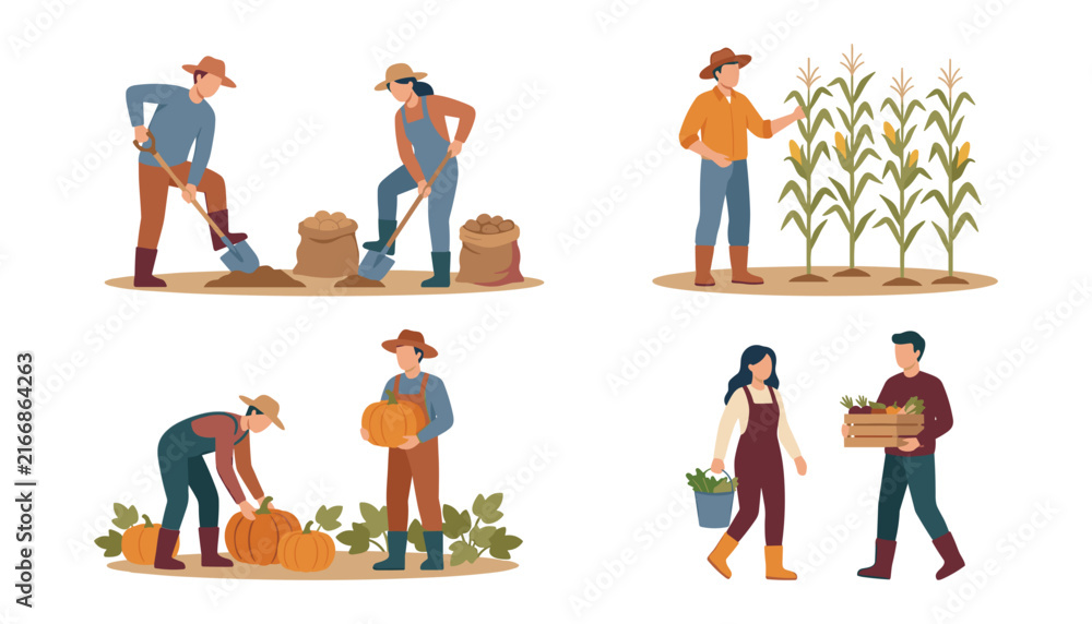 Fototapeta premium Farmers harvesting agricultural crops flat vector illustration set with people gathering pumpkins potatoes corn and fresh vegetables