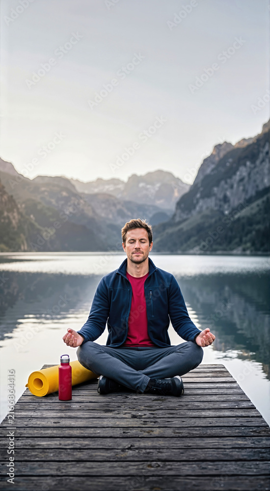 Fototapeta premium Man sitting in lotus pose meditating on wooden pier by alpine lake with rolled yellow yoga mat and red water bottle. Outdoor wellness, mindfulness and exercise concept in mountain landscape