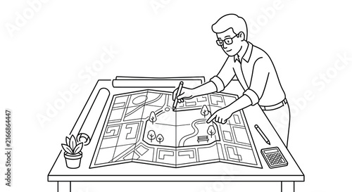 Architect urban planner drawing city development map line art