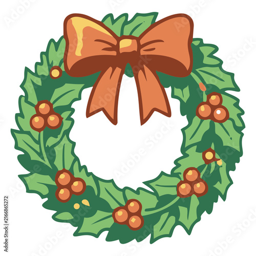 Festive Christmas wreath vector illustration with green holly leaves red bow and berries on white background under bright soft lighting