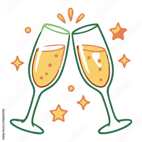 Two champagne flutes clinking in toast vector illustration with sparkling stars for festive celebratory mood on white background