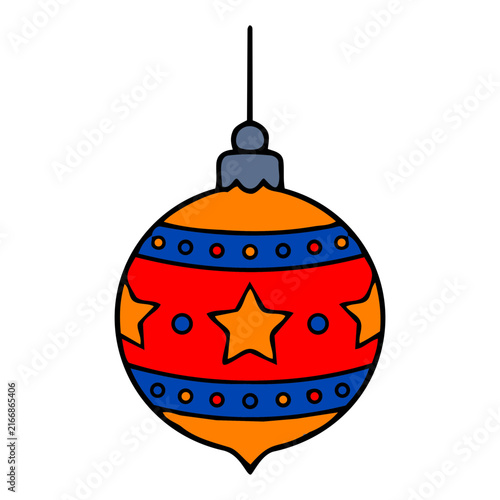 Colorful Christmas tree ornament vector illustration with festive stars and cheerful bright red orange colors on white background