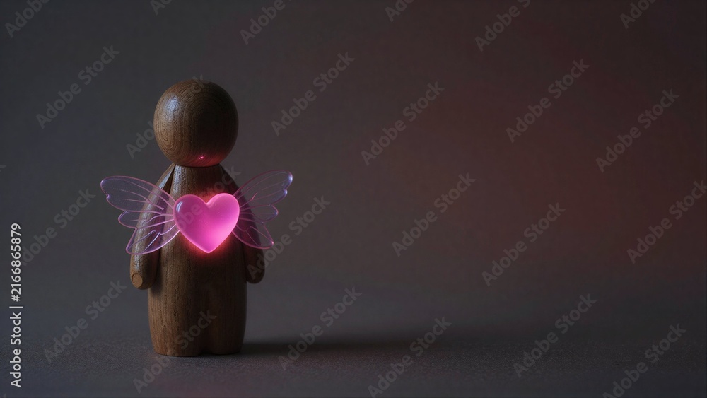 Fototapeta premium Wooden angel with glowing pink heart and delicate wings, standing alone on dark surface.